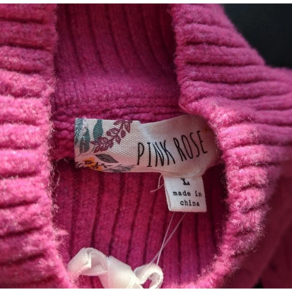NWT Pink Rose Sweater Knit Fuschia Flame Casual Semi-Cropped Mock Neck Large